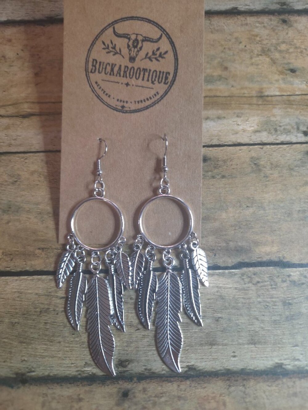 Silver Feather Hoop Earrings Boho Rodeo Western Dreamcatcher Style